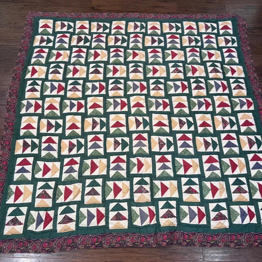 Vtg Flying Geese Patchwork Quilt Handmade Green Paisley Floral 82x84 Farmhouse